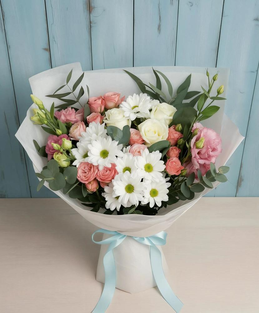Букет цветов из: Розы, Лизиантусы и Хризантемы в Урени