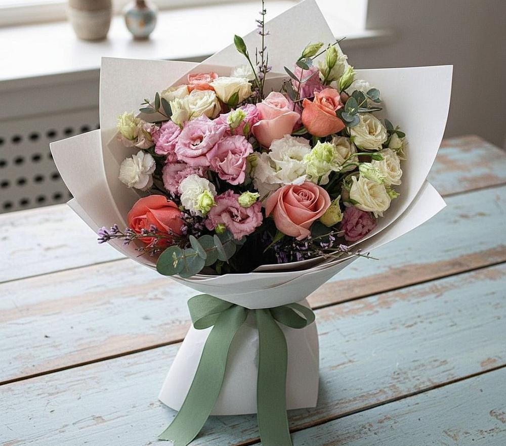 Букет цветов из: Розы, Лизиантусы и Гвоздики в Урени